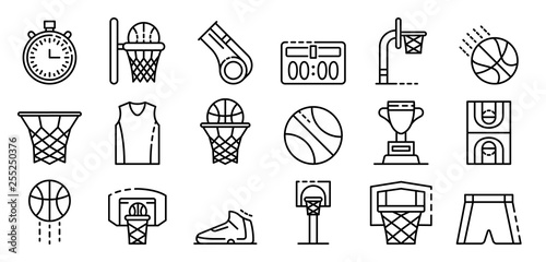 Basketball equipment icons set. Outline set of basketball equipment vector icons for web design isolated on white background
