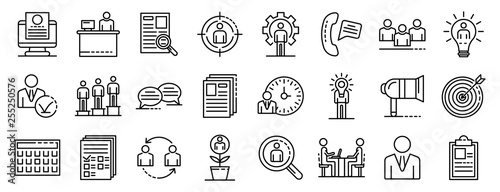 Recruitment icons set. Outline set of recruitment vector icons for web design isolated on white background