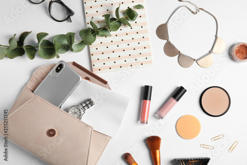 Flat lay composition with female accessories on white background. Beauty blogger