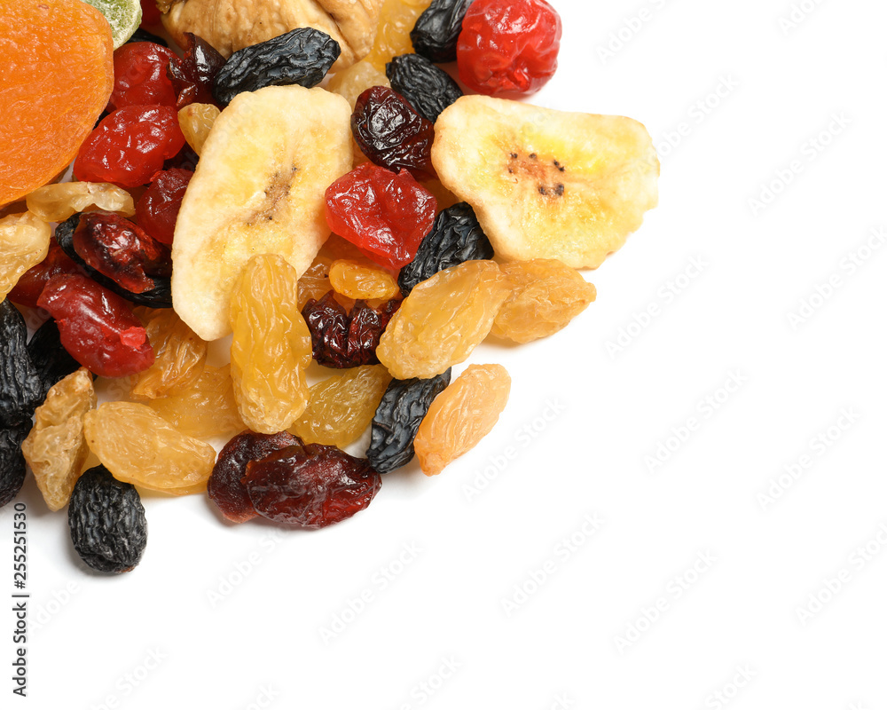 Different dried fruits on white background, top view. Healthy lifestyle