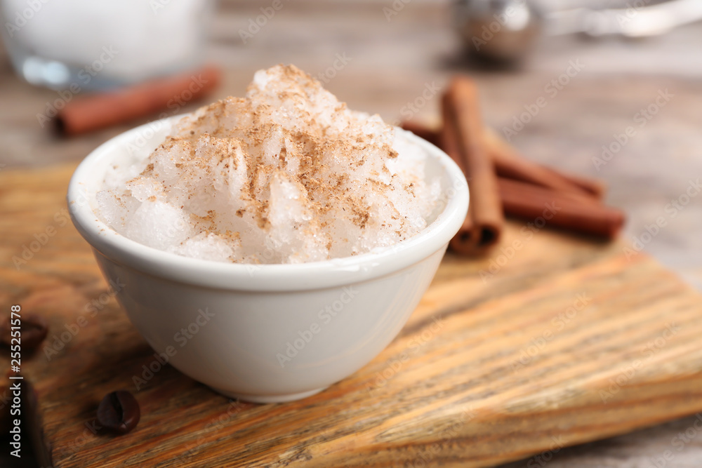 Bowl of tasty snow ice cream on wooden board, closeup. Space for text Bowl of tasty snow ice cream on wooden board, closeup. Space for text