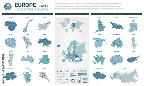 Vector maps set. High detailed 45 maps of European countries with administrative division and cities. Political map, map of Europe continent, world map, globe, infographic elements. Part 1.