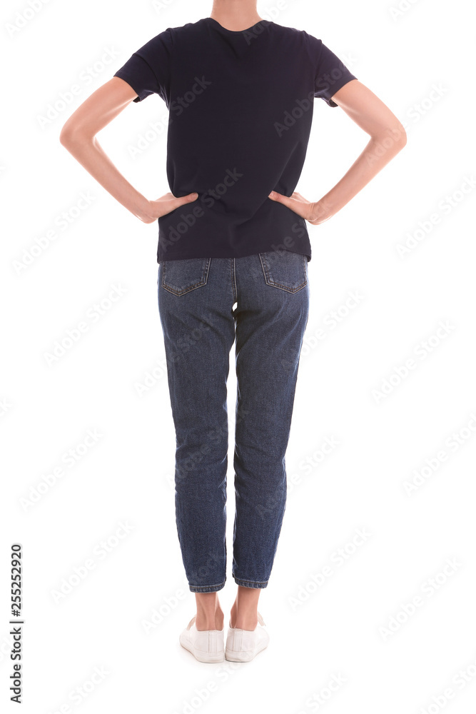 Young slim woman on white background, closeup. Weight loss Young slim woman on white background, closeup. Weight loss