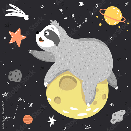 Smiling cute baby sloth astronaut lying on the moon and trying take the star. Adorable animal illustration in the childish style. Vector cartoon funny sloth in open space