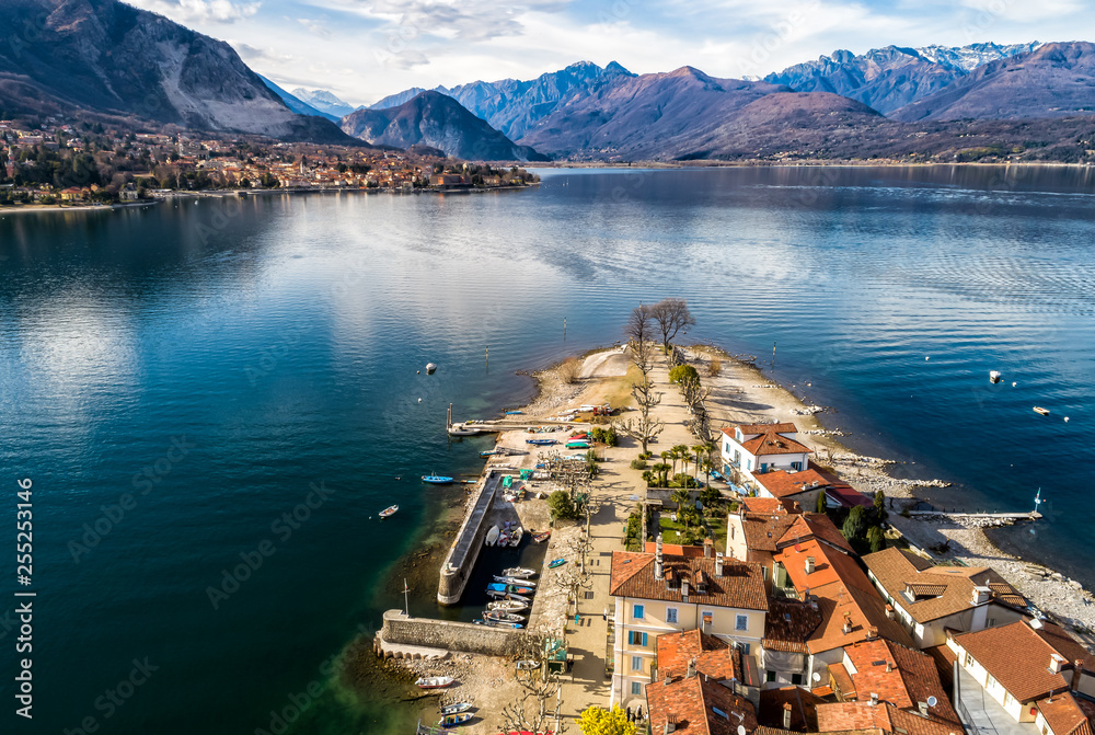 Aerial view of Fishermens Island or Isola dei Pescatori at Lake Maggiore, is one of the Borromean Islands in Piedmont of north Italy, Stresa, Verbania