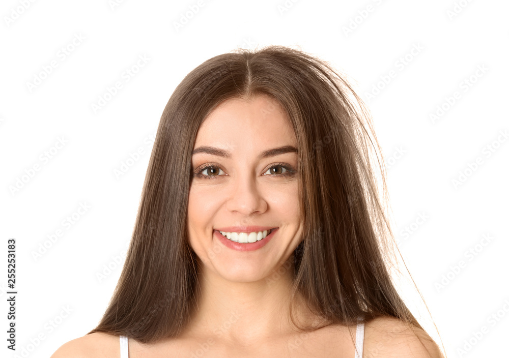 Happy woman before and after hair treatment on white background Happy woman before and after hair treatment on white background