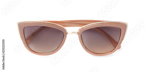 Stylish sunglasses on white background. Beach accessories