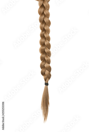 Beautiful long braid on white background. Healthy hair photo