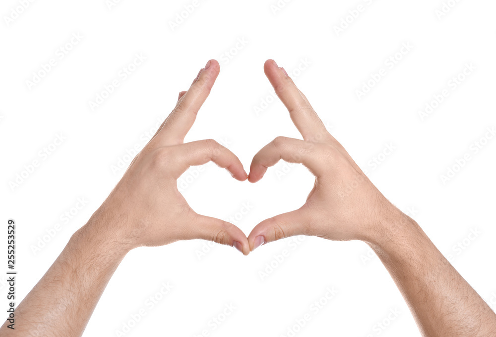 Man making heart with his hands on white background, closeup Man making heart with his hands on white background, closeup