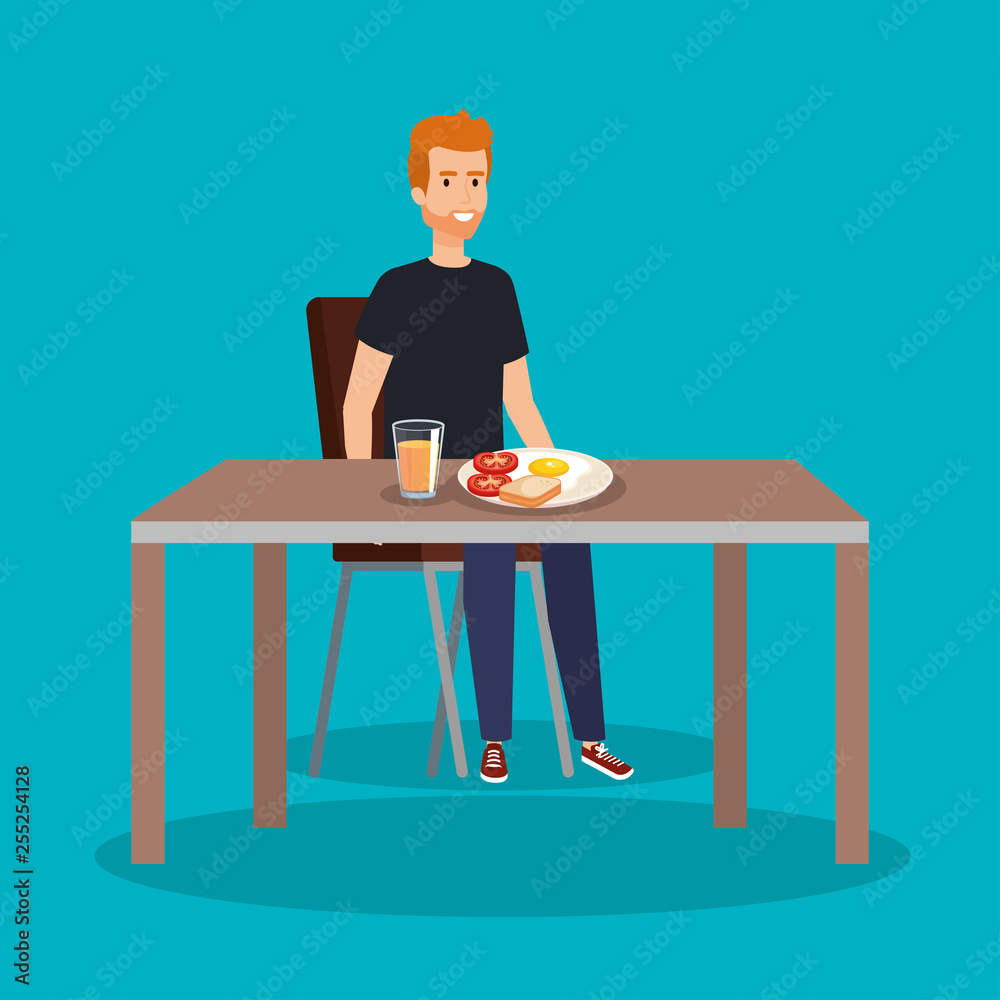 casual man eating delicious fried egg casual man eating delicious fried egg