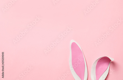 Funny Easter bunny ears on color background, top view with space for text © New Africa