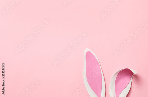 Funny Easter bunny ears on color background, top view with space for text