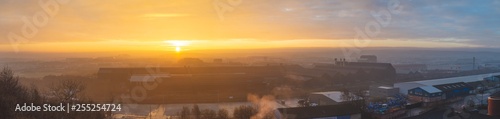 Aerial panorama of an early sunrise over Sheffield city, South Yorkshire, UK  on Christmas Day 2018