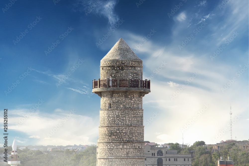 Minaret of renovated Abdiaziz Mosque in Mogadishu, Somalia Minaret of renovated Abdiaziz Mosque in Mogadishu, Somalia