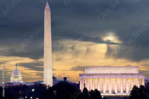 Washington DC skyline including Lincoln Memorial, Washington Monument, and The United States Capitol building