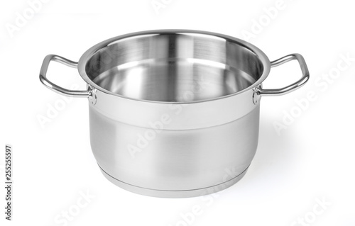 Fotografia Open stainless steel cooking pot isolated on white