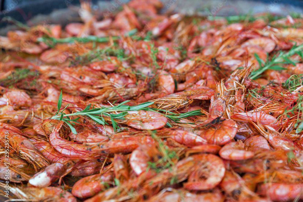 Cooked shrimps in shell background closeup