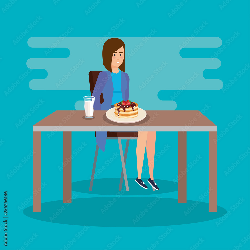 elegant woman eating pancakes with milk elegant woman eating pancakes with milk