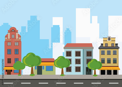 Urban landscape with housesand large modern buildings at Background - vector illustration photo