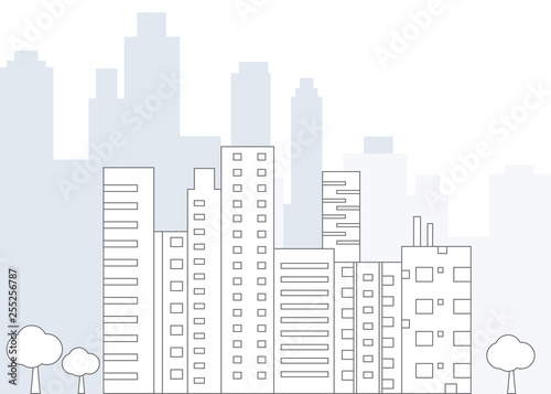 Line Design Urban landscape with large modern buildings  - vector illustration