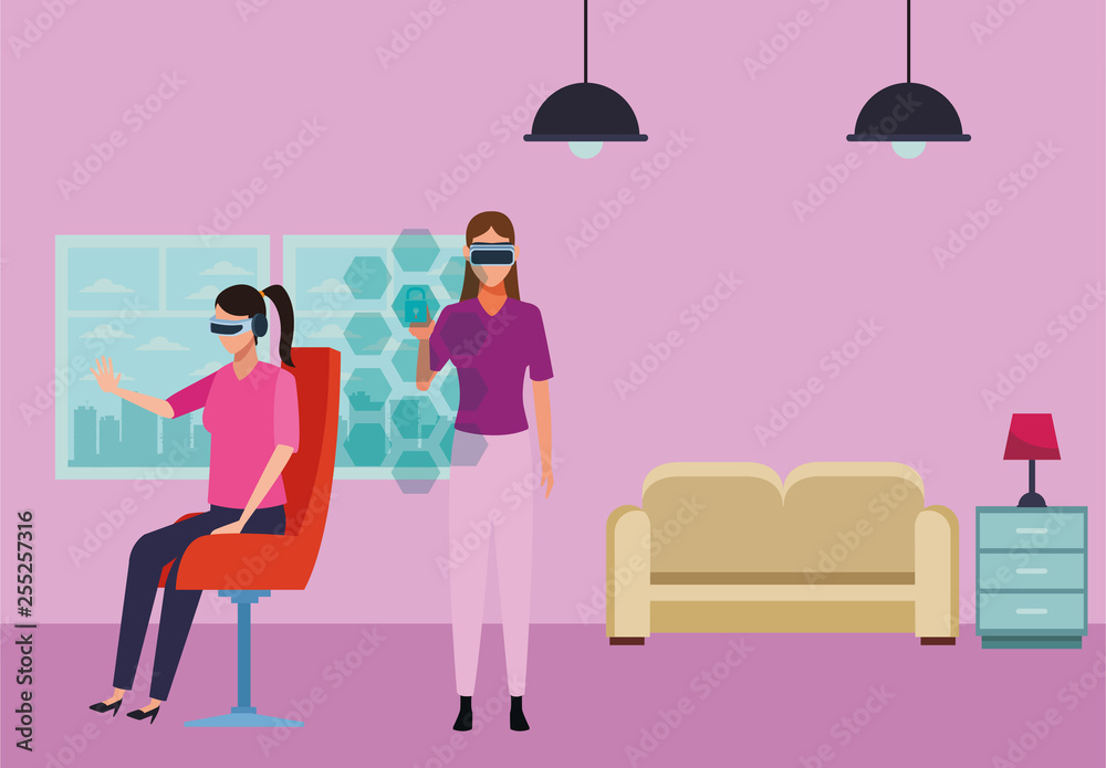 People playing with virtual reality glasses People playing with virtual reality glasses
