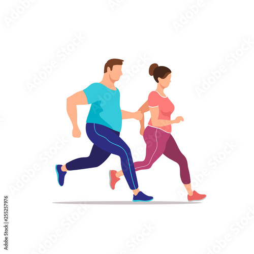 Overweight couple running. Health and fitness. Vector illustration.