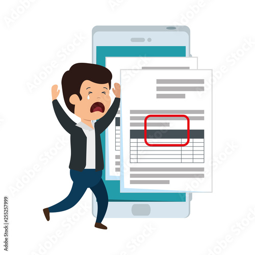 depressed man for money with smartphone and tax documents