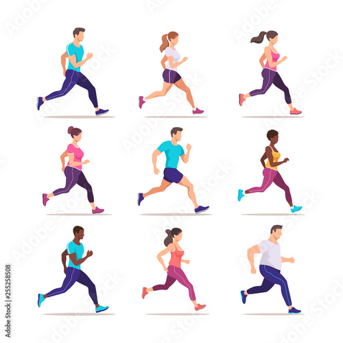 Set of people jogging. Runners group in motion. Training to marathon. Trendy style vector illustration.