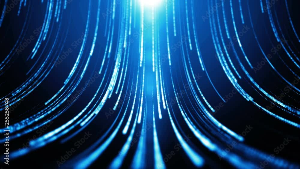 Striped creative texture of a cyber space. Technology pattern with bright particles. Abstract background. Bright beams falling down and light at the top. Digital data flow. Seamless loop.