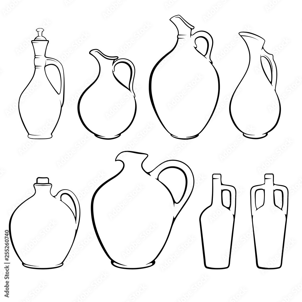 Black sketches of ceramic wine jugs of various shapes. Coloring page. Black sketches of ceramic wine jugs of various shapes. Coloring page.