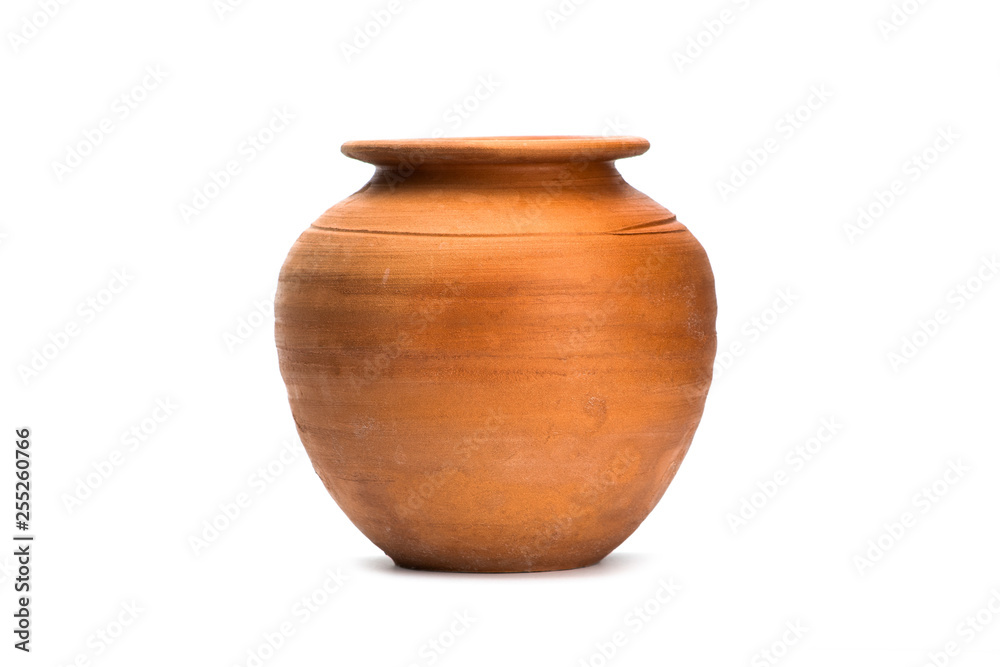 Antique brown clay pot isolated on white background.