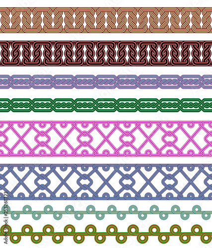 Seamless colored borders. Interlaced lines. Based on Georgian, Armenian, Arabic styles. Pattern brushes included in EPS file.