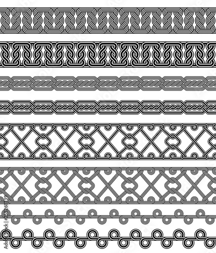 Seamless black and white borders. Interlaced lines. Based on Georgian, Armenian, Arabic styles. Pattern brushes included in EPS file.