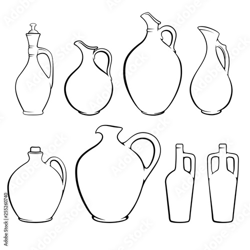 Black sketches of ceramic wine jugs of various shapes. Coloring page.