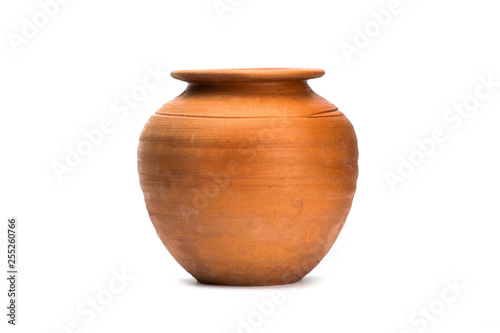 Fotografiet Antique brown clay pot isolated on white background.