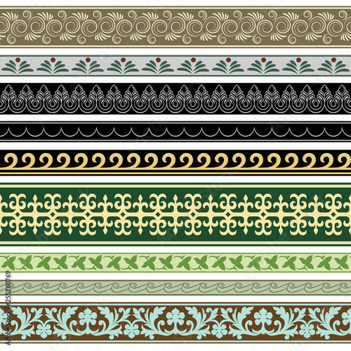 Seamless ethnic borders. Georgian, Armenian, Arabic styles. Swatches included in EPS file.