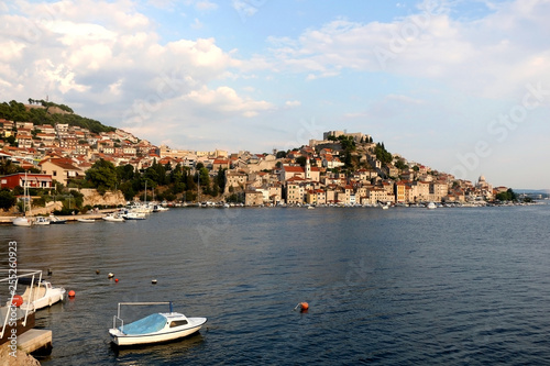 Panoramic view of Sibenik in the background. Sibenik is popular summer travel destination. 