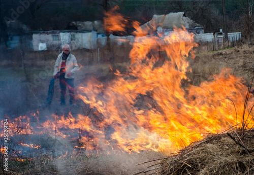 Burning grass on the field in village. Burning dry grass in fields. Wild fire due to hot windy weather in summer