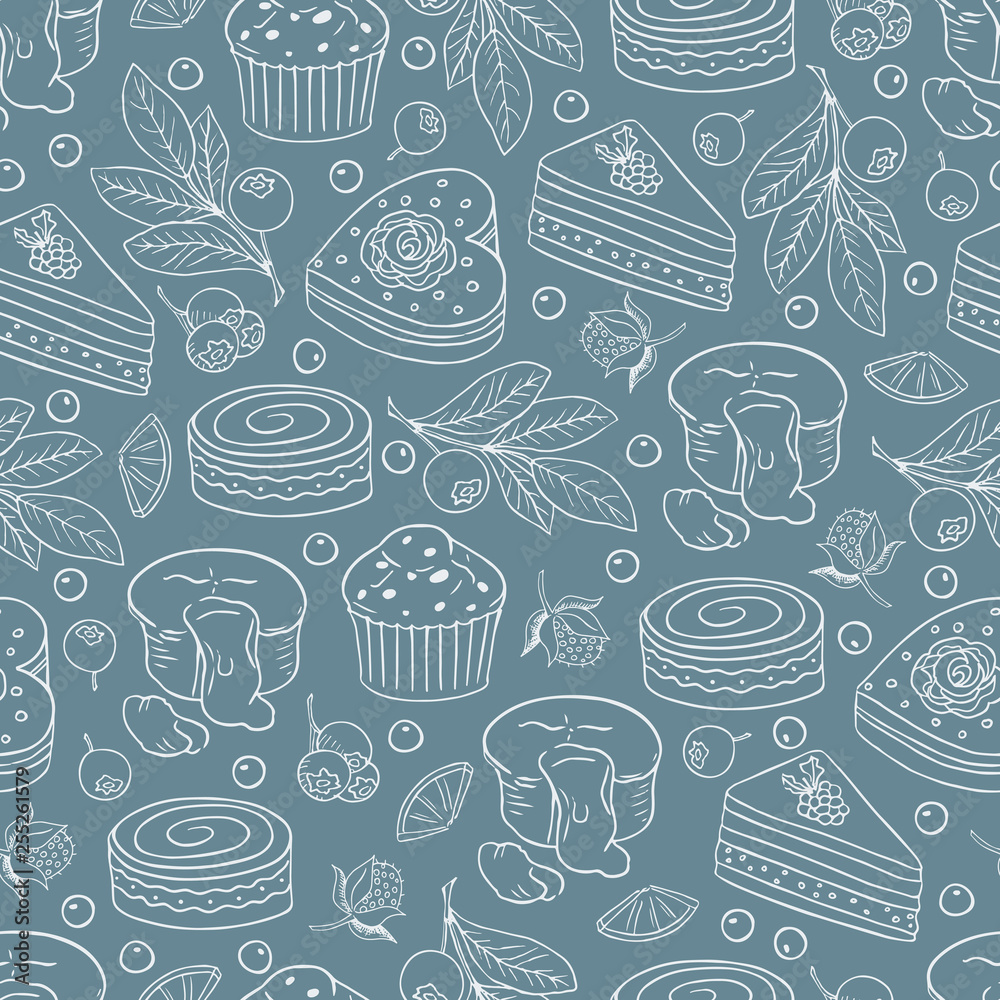 Hand drawn vector seamless pattern with different kind of cakes -05