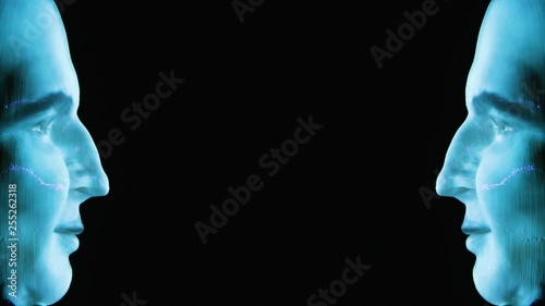 Artificial intelligence: Two virtual heads face one another in black void