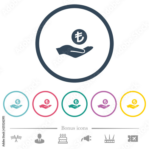 Turkish Lira earnings flat color icons in round outlines