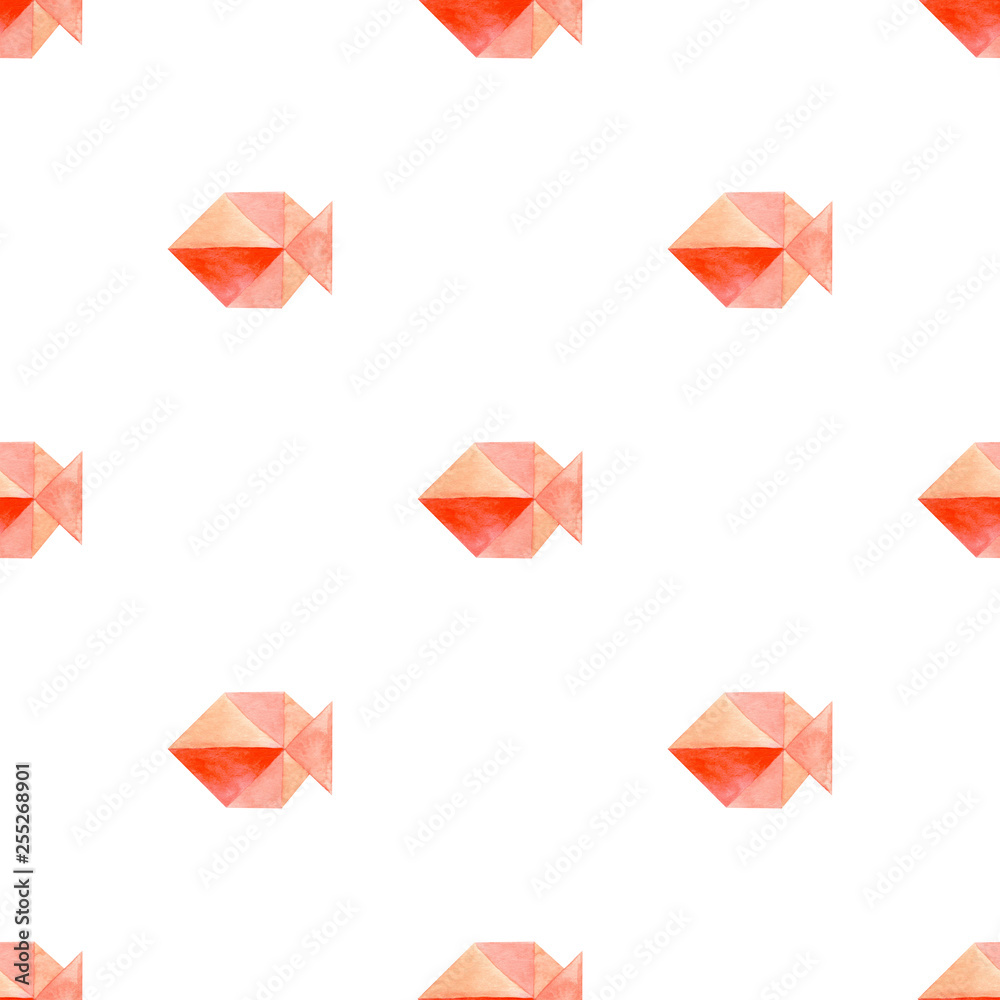 Watercolor seamless pattern with fishes in a row. Origami style. On a white background. Illustration. Watercolor seamless pattern with fishes in a row. Origami style. On a white background. Illustration.