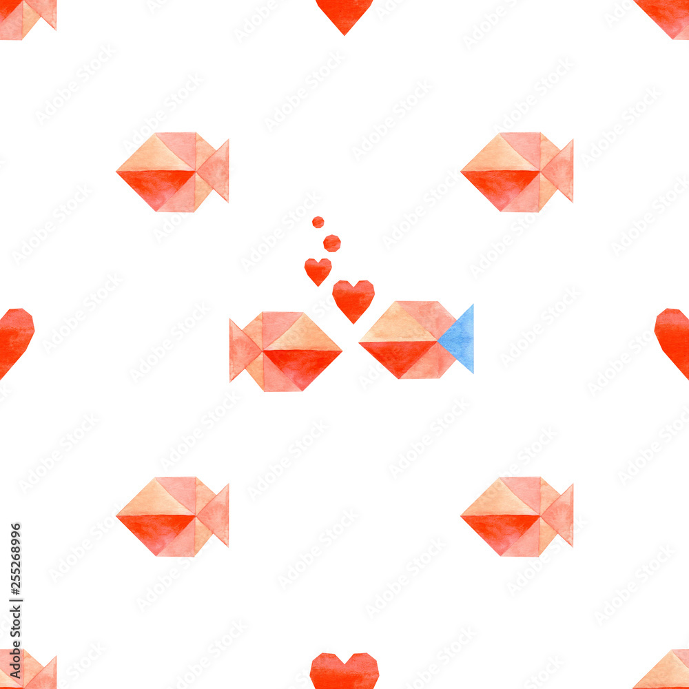 Watercolor seamless pattern with fishes, 2 fishes in love with heart and hearts. Origami style. On a white background. Illustration. Watercolor seamless pattern with fishes, 2 fishes in love with heart and hearts. Origami style. On a white background. Illustration.