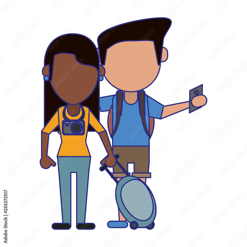 Couple of tourists avatar cartoon blue lines