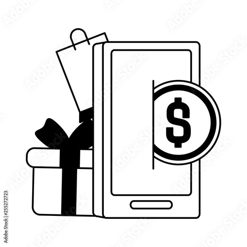 smarphone with shopping bag and gift
