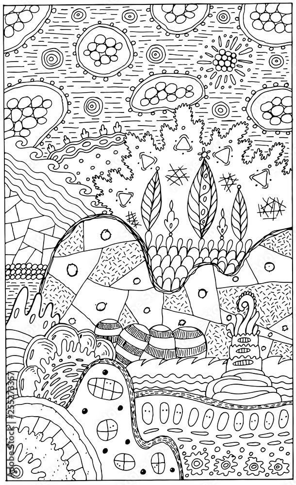 Fantasy landscape with surreal houses and trees. Psychedelic fantastic coloring page for adults. Vector illustration