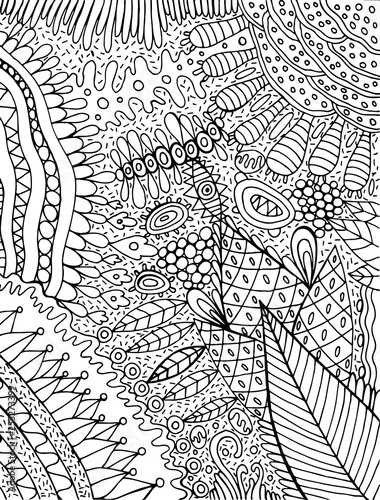 Coloring page for adults with floral cartoon background. Doodle ink graphic art for adults. Vector illustration