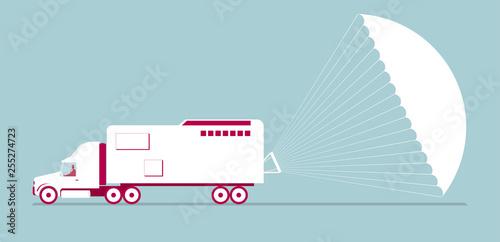 The RV uses a parachute to slow down. Isolated on blue background.