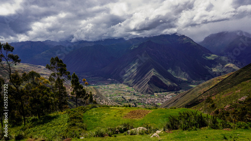 Peru Inca Cuzco Archeology Mountains Blue Sky Clouds Flowers Terrace Field View