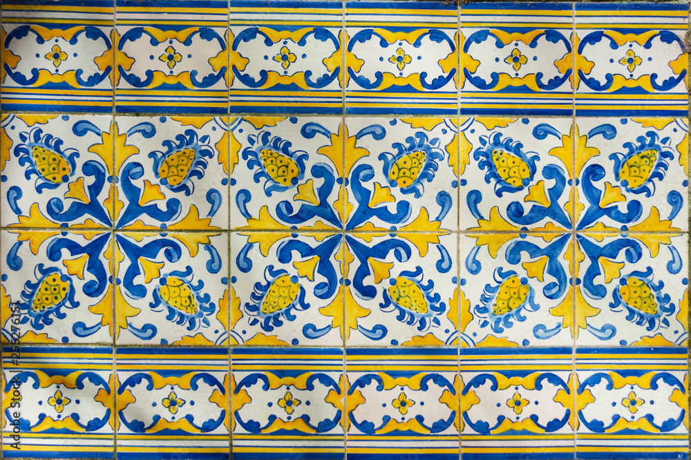 Ornate brightly colored portugese tile texture in blue and yellow
